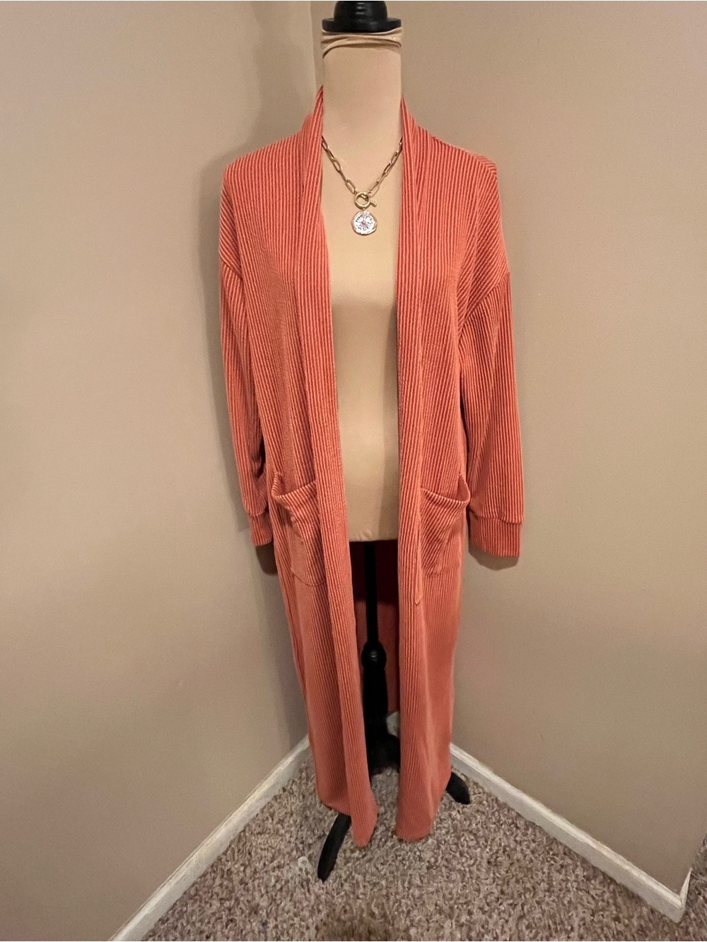 Dear Scarlett Long Ribbed Open-Front Cardigan in Coral/Yellow, size Medium